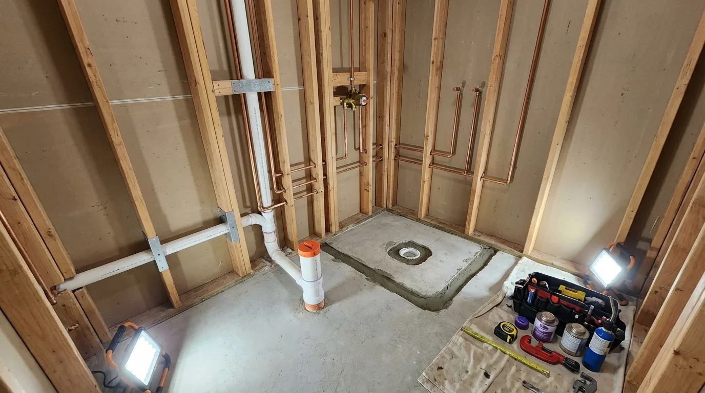 Bathroom rough-in plumbing during remodel by Johns Plumbing LLC in Sundown
