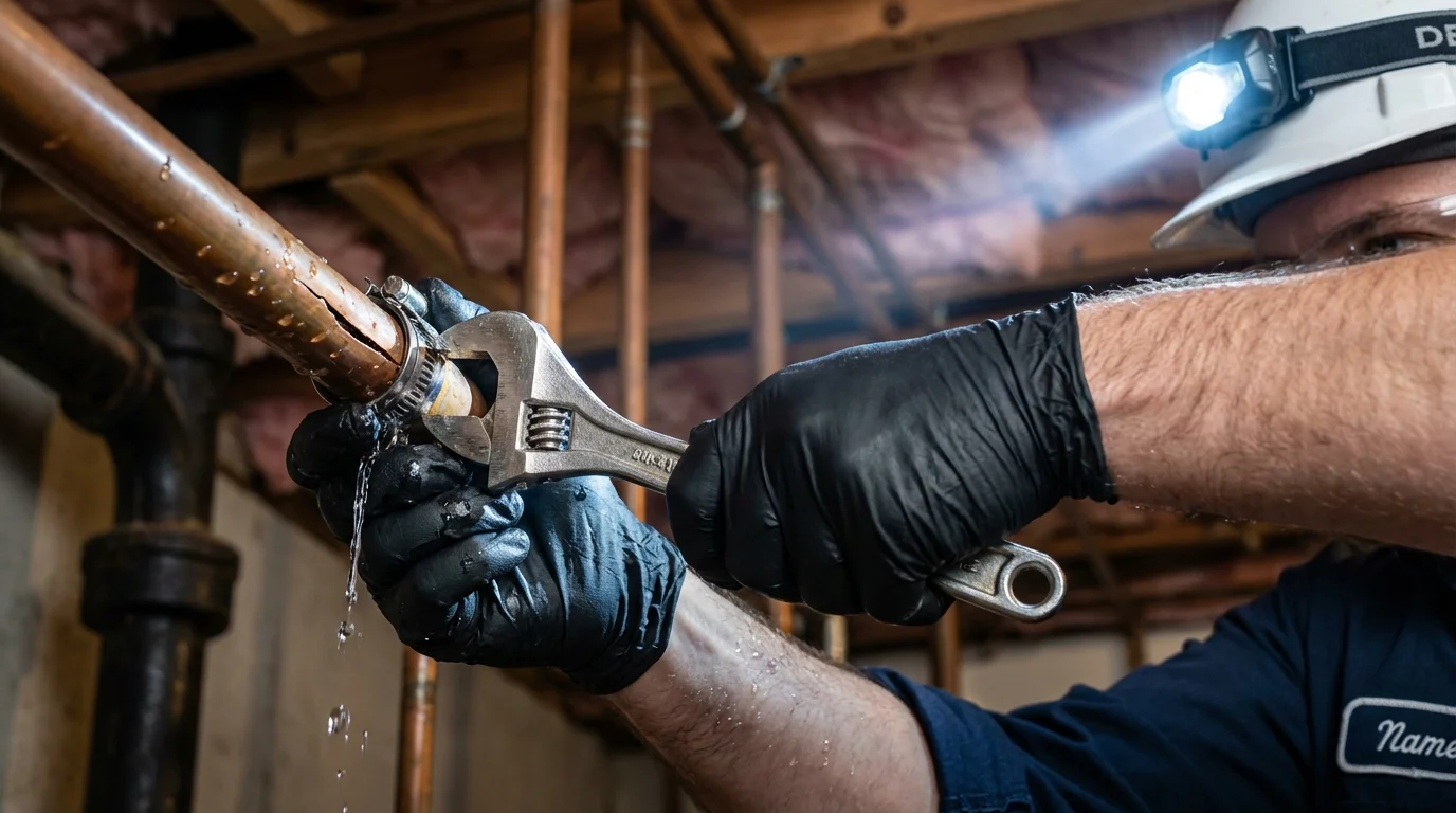 Emergency pipe clamp repair being performed by a Johns Plumbing LLC plumber in Sundown