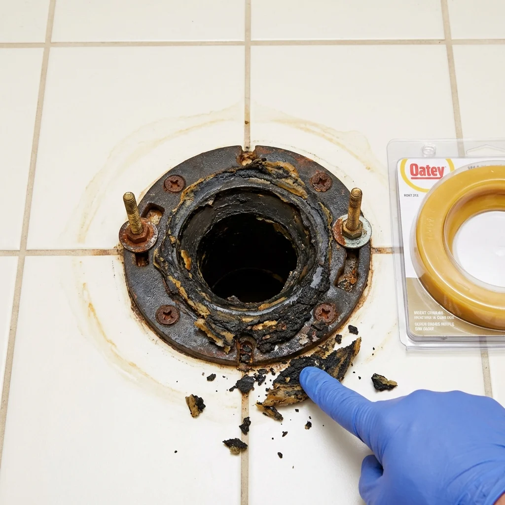 Failed wax ring showing water seepage at the base of a toilet in a Sundown, TX home