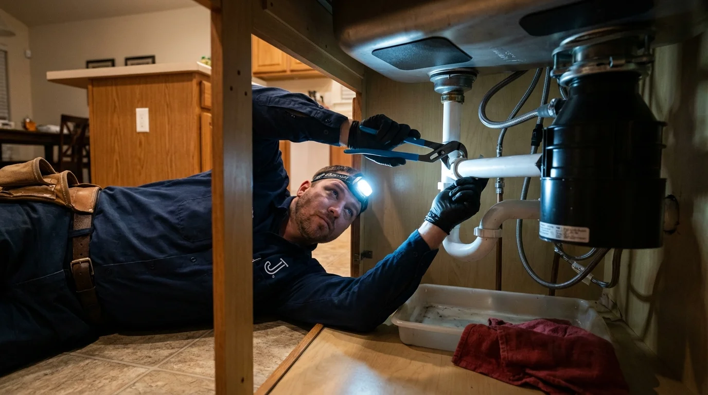 P-trap and supply line connections under a kitchen sink showing a common leak point in Sundown, TX